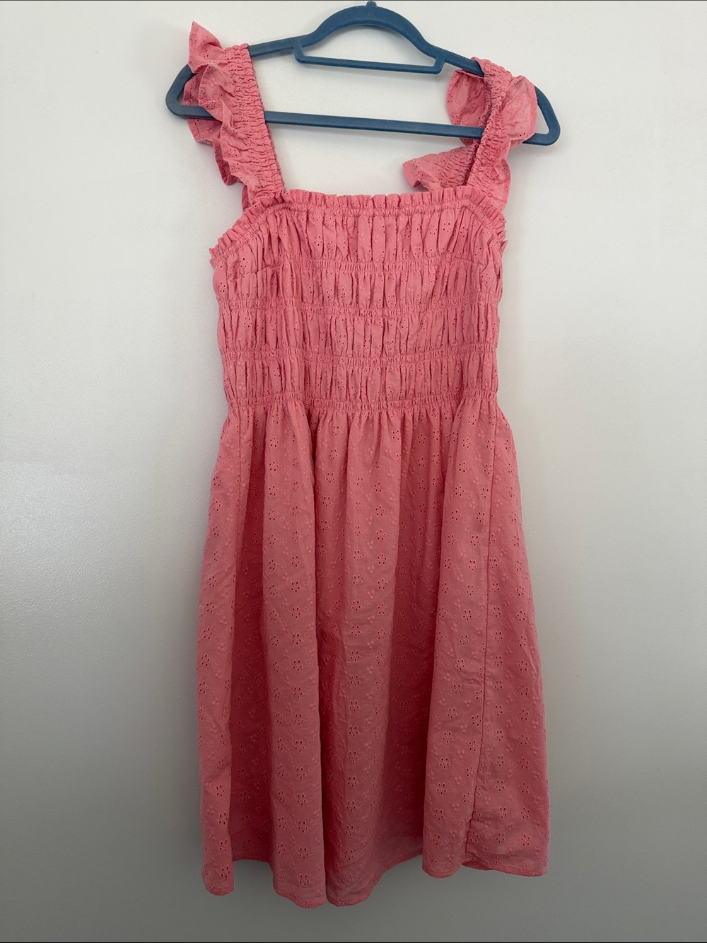 Divided Pink Eyelet Midi Dress with Ruffled Straps